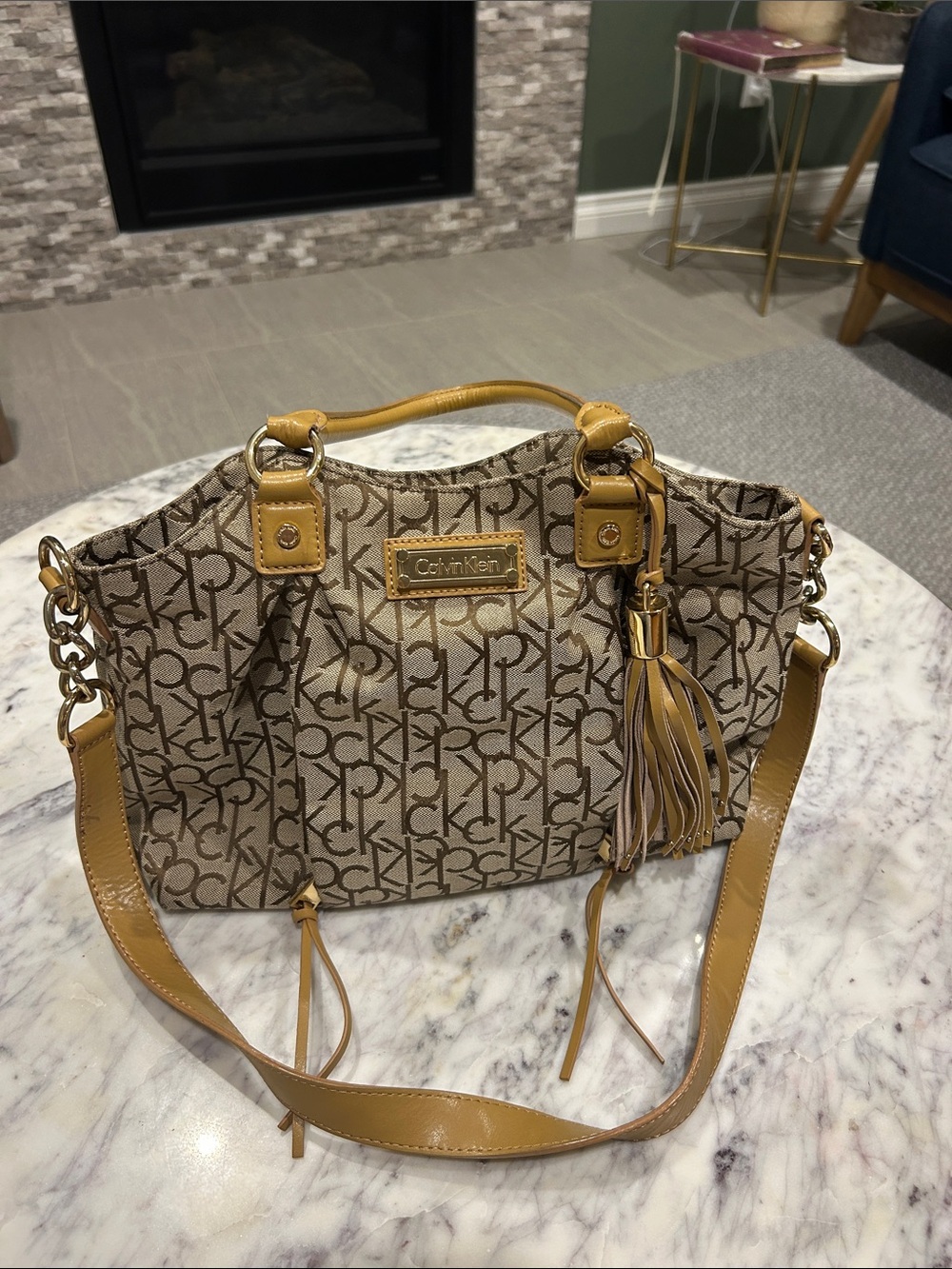 Calvin Klein Beige Monogram Shoulder Bag with Tan Trim EUC!